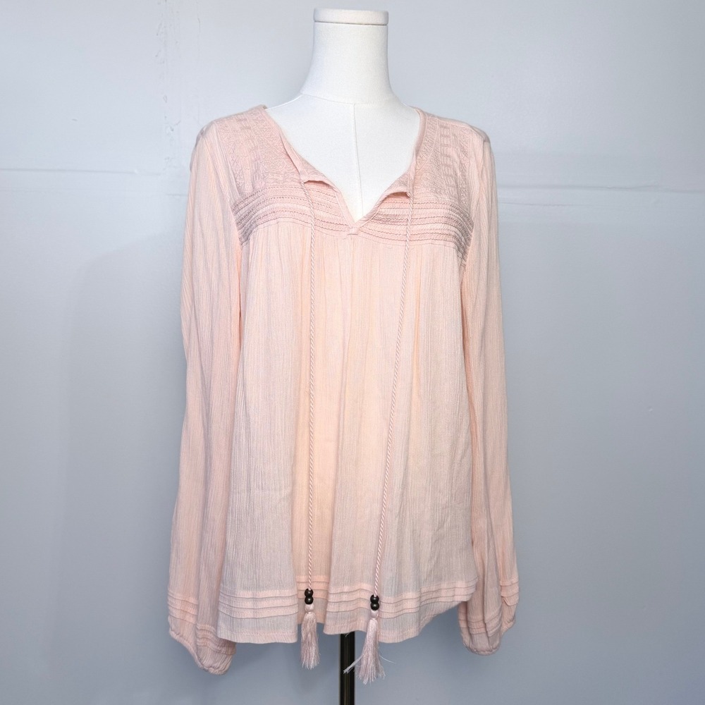 Light Peach Romantic Cottagecore Embroidered Peasant Blouse Rayon Tassel Top M
